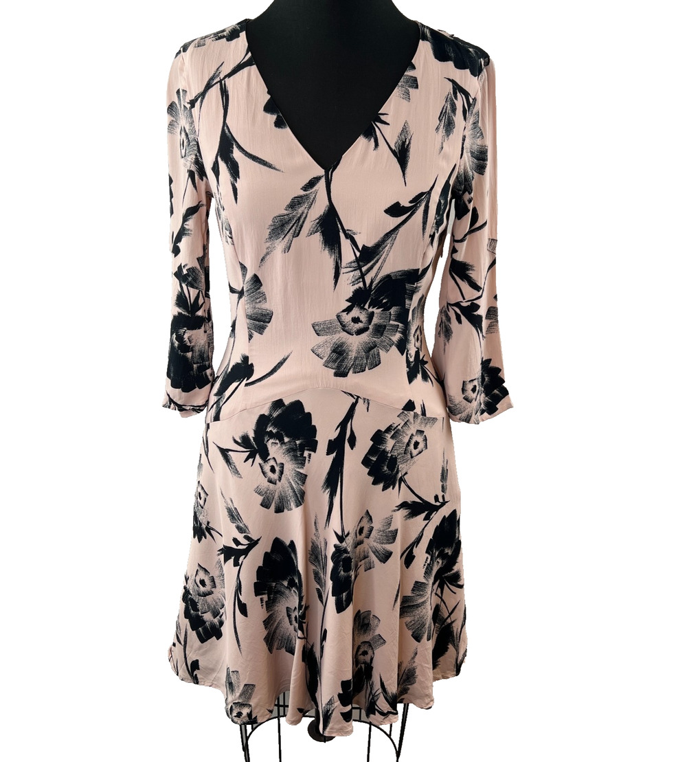 AUTOGRAPH Blush Pink Black Floral Print Cocktail Skater Dress UK 8 Medium